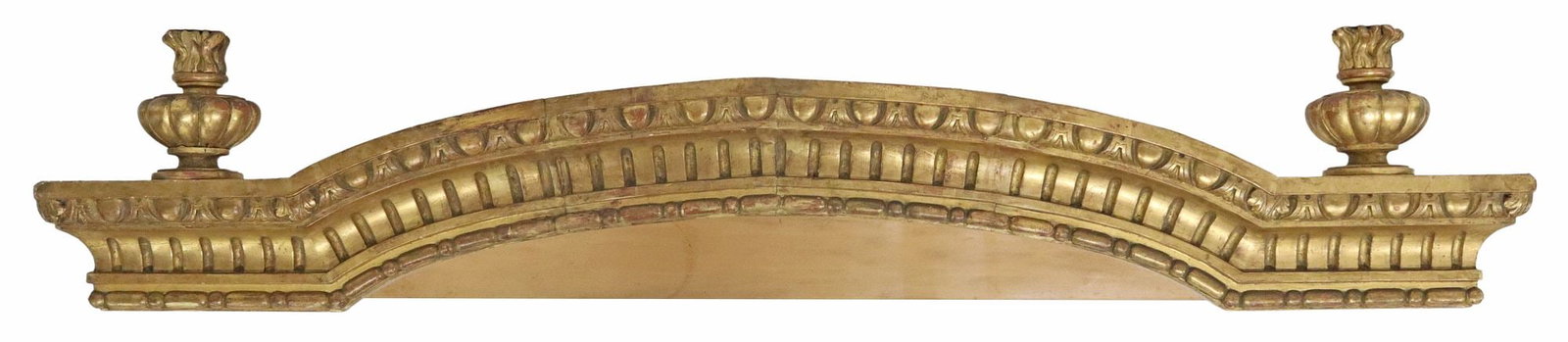FRENCH LOUIS XVI STYLE CARVED & GILTWOOD VALANCE OR PELMET: French Louis XVI style giltwood window valance or pelmet, 19th c., arched crest rail with egg-and-dart molding, framed by flaming urn finials, exterior: approx 11.5"h, 58.75"w, 13"