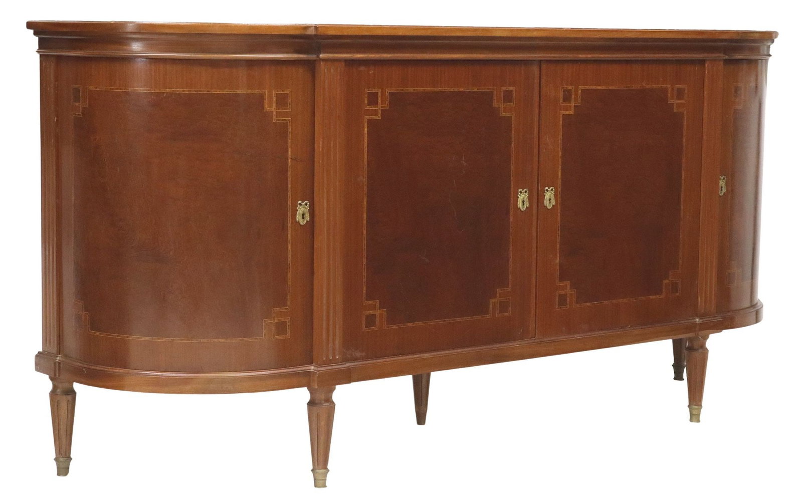 FRENCH LOUIS XVI STYLE MAHOGANY & BURLWOOD PARQUETRY SIDEBOARD: French Louis XVI style inlaid sideboard, 20th c., rounded mahogany and burlwood case with banded parquetry trim, fitted with four cabinet doors, revealing shelved interior, rising on fluted tapered su