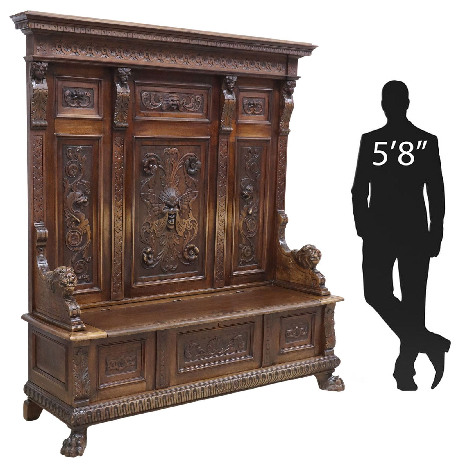 ITALIAN RENAISSANCE REVIVAL CARVED WALNUT HALL BENCH (1 of 8)