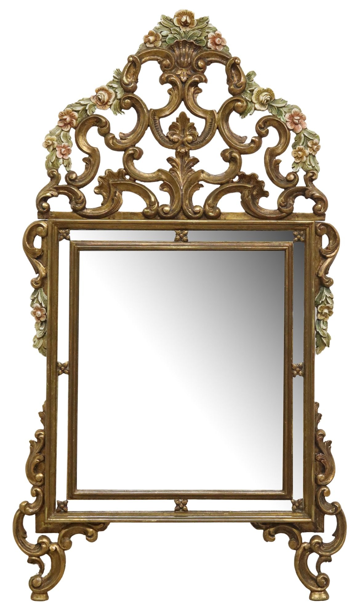 ITALIAN FLORENTINE GILTWOOD & PAINTED FLORAL WALL MIRROR, 55" X 29" (1 of 3)
