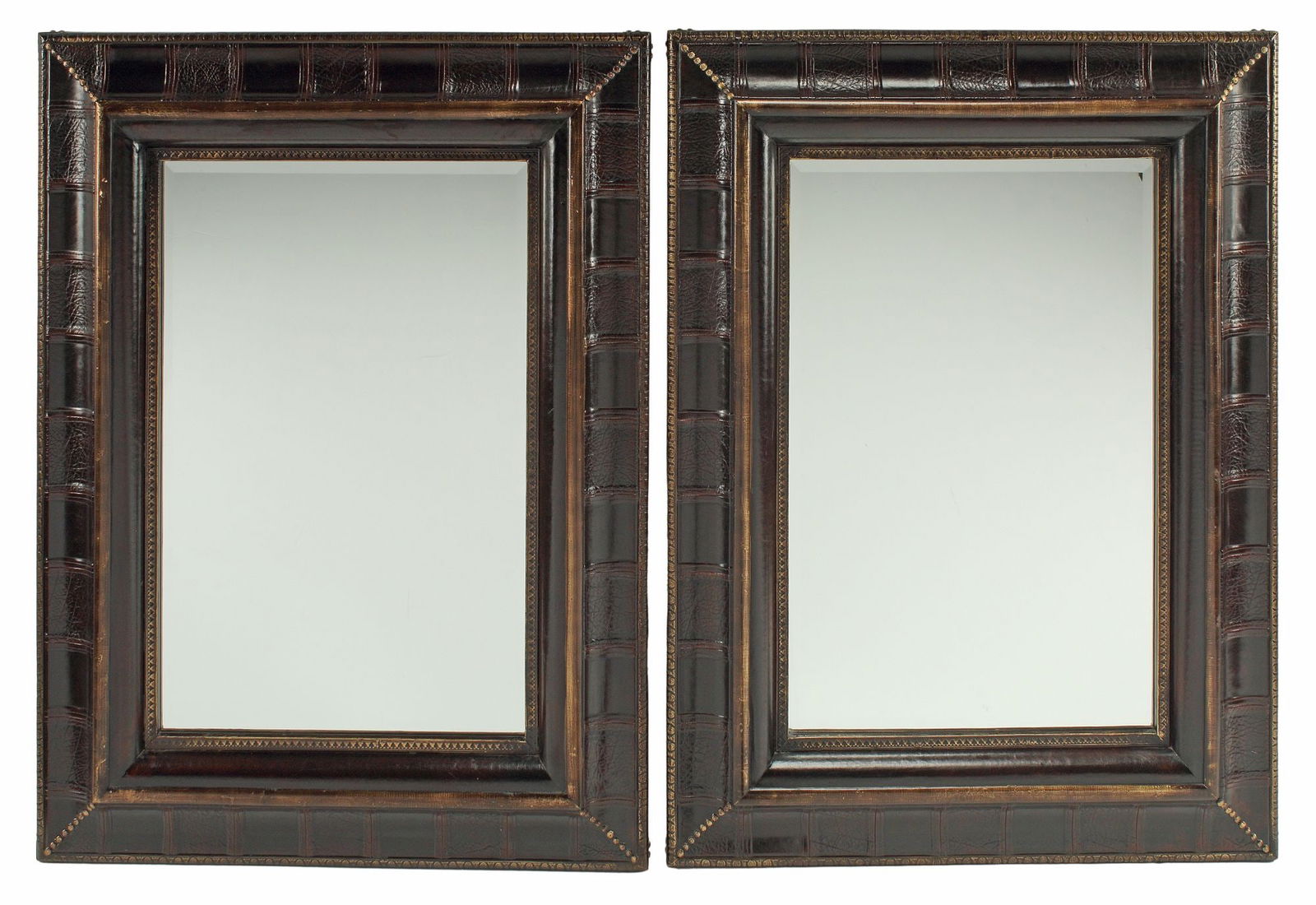 (2) PORTUGUESE STYLE EMBOSSED LEATHER FRAME MIRRORS, 45" X 35" (1 of 4)
