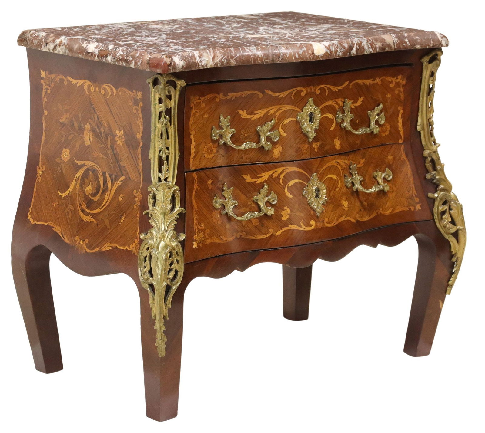 LOUIS XV STYLE MARBLE-TOP ORMOLU & MARQUETRY LOW NIGHTSTAND (1 of 5)