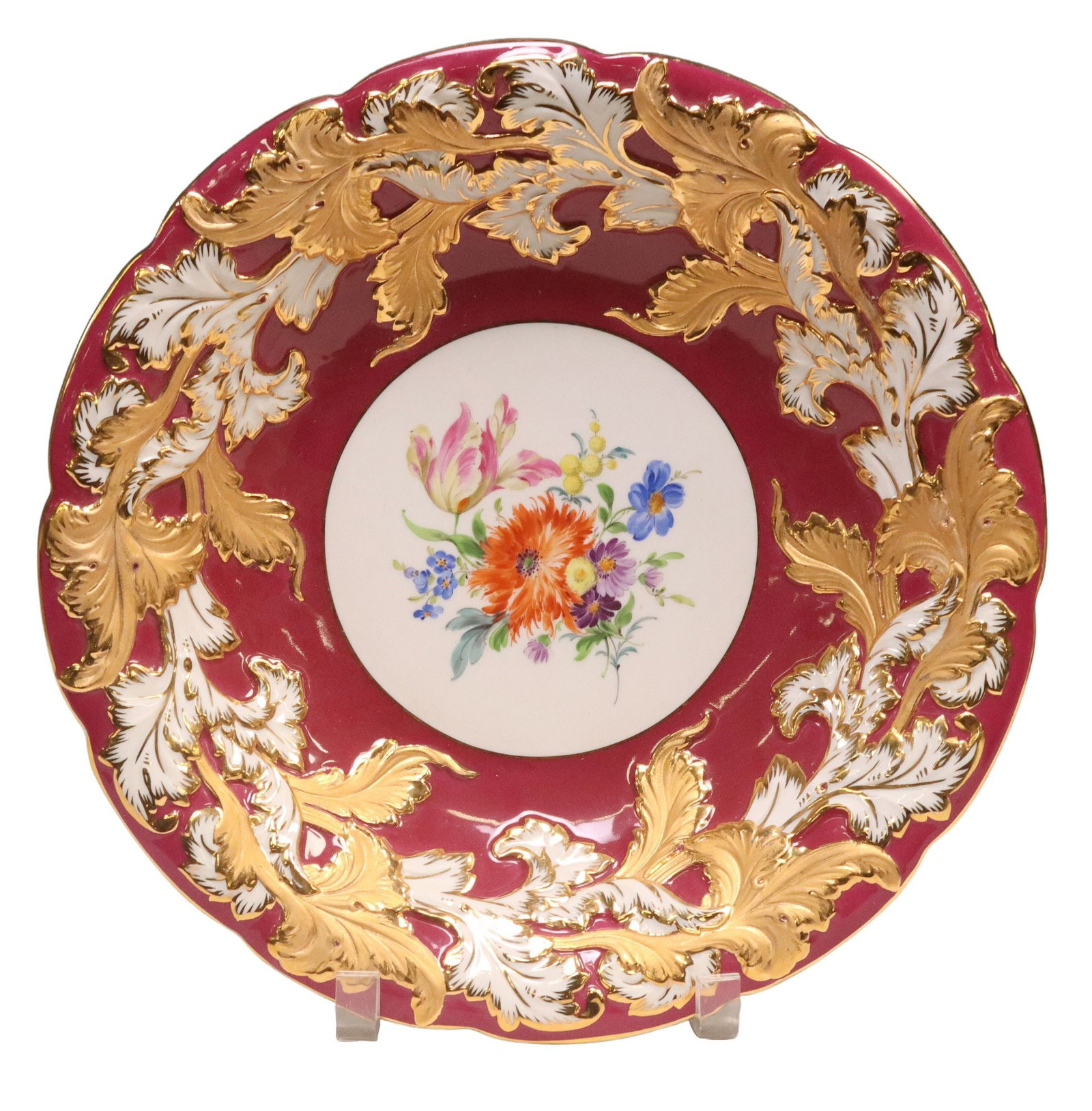 MEISSEN PARCEL-GILT & PAINTED PORCELAIN ORNAMENTAL BOWL: German Meissen hand-painted porcelain bowl, 20th c., border of contrasting burnished and matte gilt foliate scrolls in relief against a deep burgundy ground, center with hand-painted floral bouquet,&n