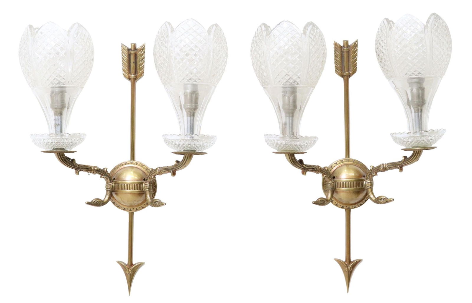 (2) FRENCH EMPIRE STYLE BRONZE & GLASS 2-LT WALL SCONCES (1 of 2)