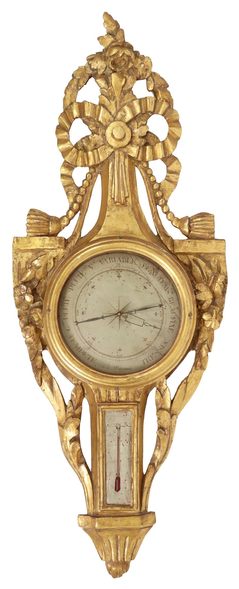 LOUIS XVI STYLE CARVED GILTWOOD RIBBON MOTIF BAROMETER (1 of 4)