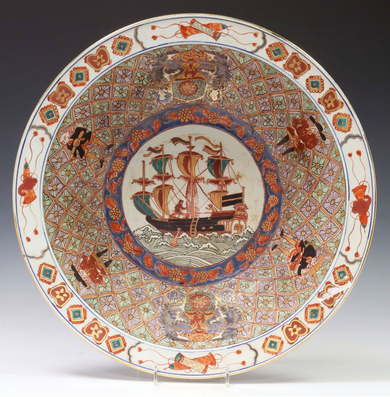LARGE JAPANESE IMARI PORCELAIN NANBAN SHIP BOWL, 18.75"DIAM (1 of 4)