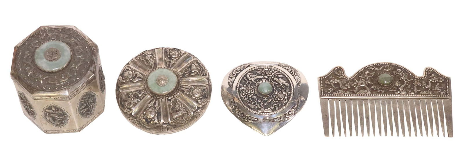 (4) ASIAN HARDSTONE-MOUNTED SILVER BOXES & HAIR COMB (1 of 4)