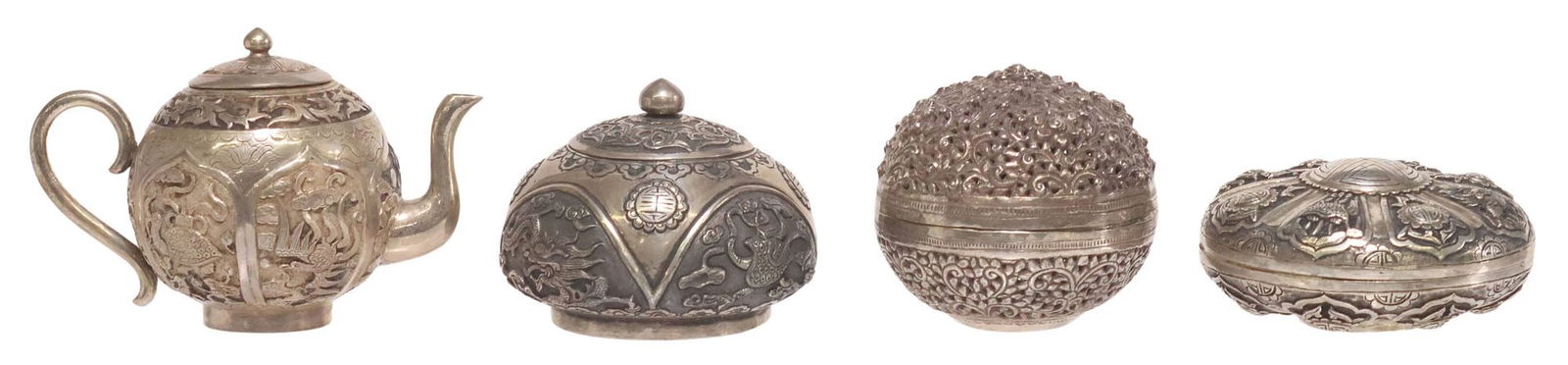 (4) ASIAN SILVER BETEL BOXES & MINIATURE TEAPOT (1 of 6)