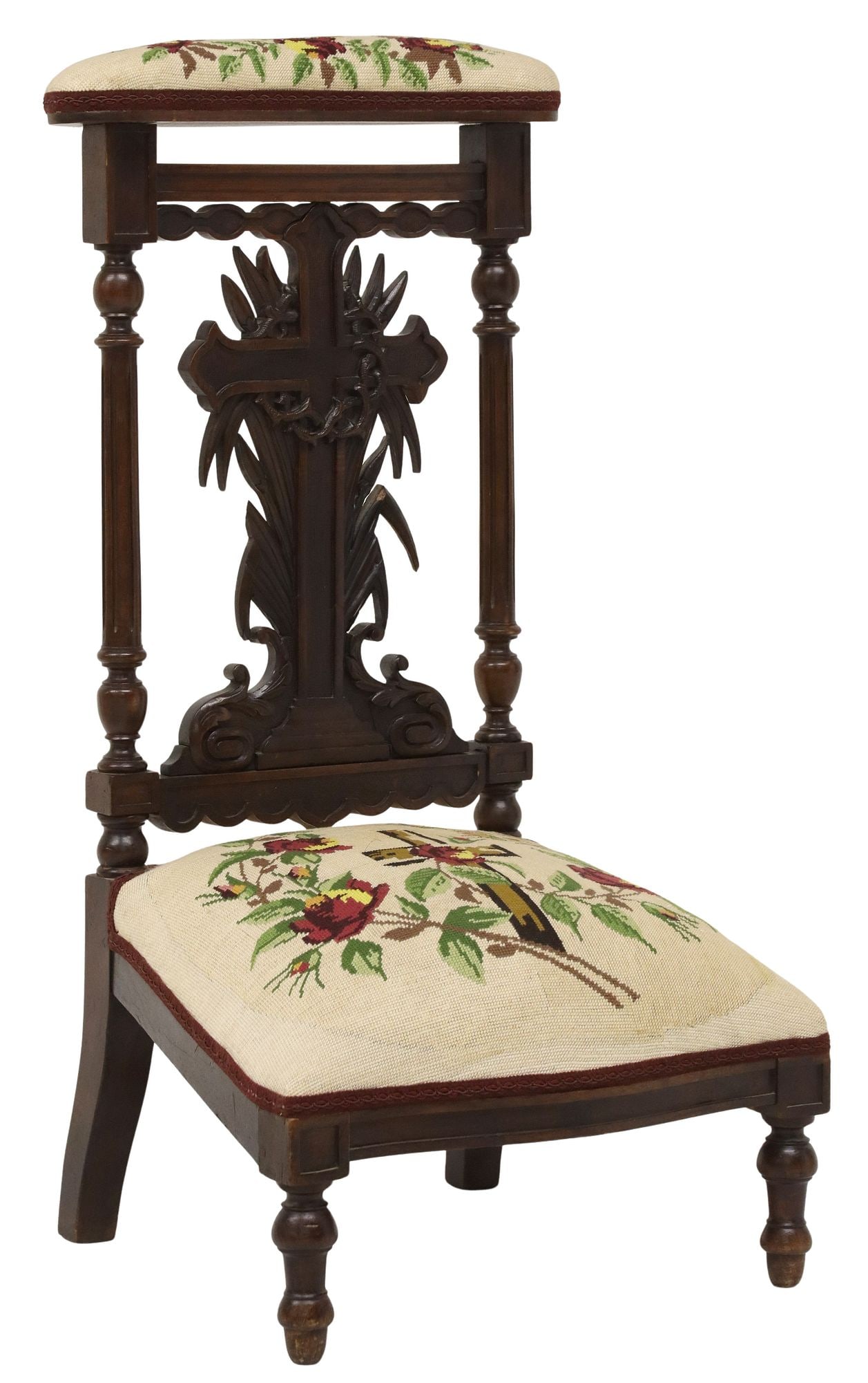 FRENCH CARVED WALNUT NEEDLEWORK PRIE DIEU / PRAYER KNEELER (1 of 4)