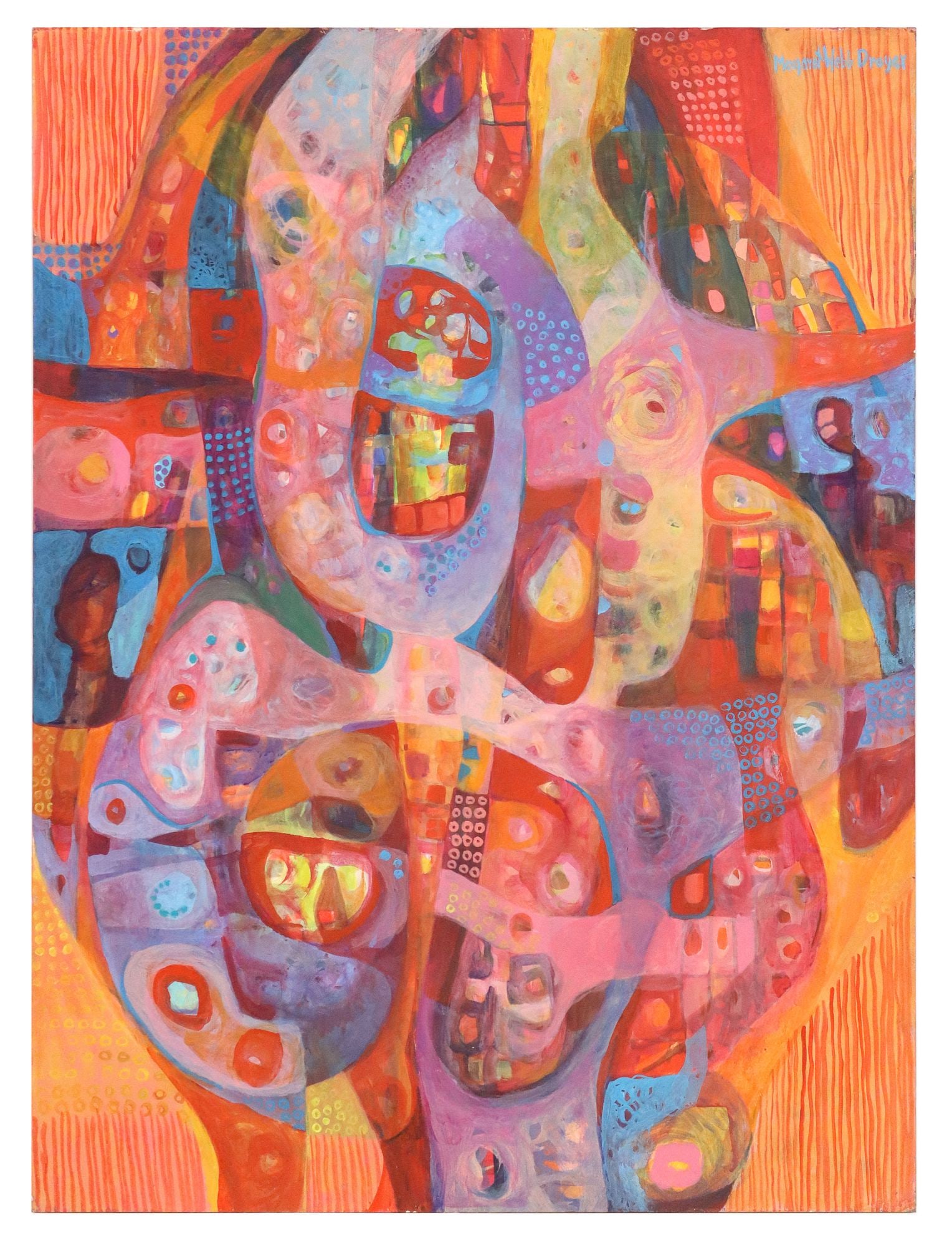 MARGARET WEBB DREYER (1911-1976) ABSTRACT PAINTING, 40" X 30": Unframed acrylic on board painting, Abstract in Pink and Orange, signed upper right Margaret Webb Dreyer (American, active in Texas, 1911-1976), overall: approx 40"h, 30"w, 5.5lbs **Note: Margaret Web