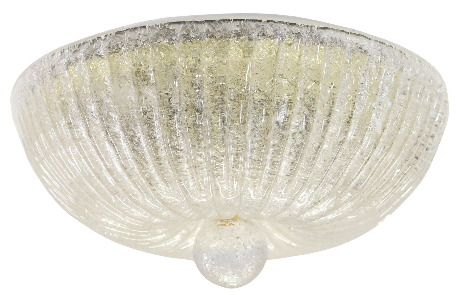 ITALIAN MURANO ART GLASS DOMED FLUSH MOUNT CEILING LAMP: Italian Murano art glass two-light ceiling lamp, in the manner of Barovier and Toso, c.1950s-1960s, having fluted and domed shade terminating on spherical finial, concealing two interior lights, 