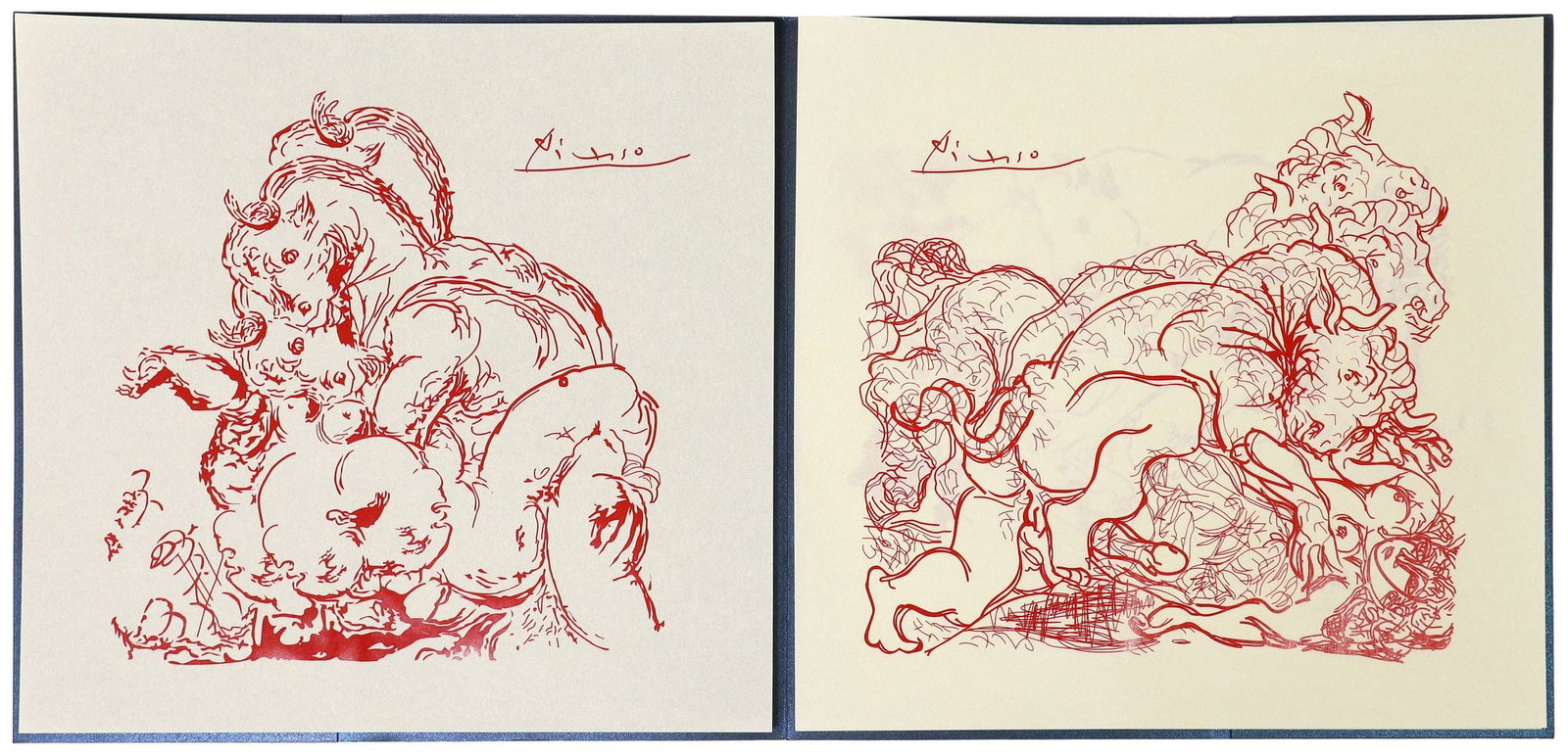 (3) SERIGRAPHS AFTER PABLO PICASSO MINOTAUR SERIES PORTFOLIO: (lot of 3) Unframed serigraphs in red on paper, Minotaur Series, signed in the print, after Pablo Picasso (Spanish, 1881-1973), housed in a folder with printed facsimile signature, each