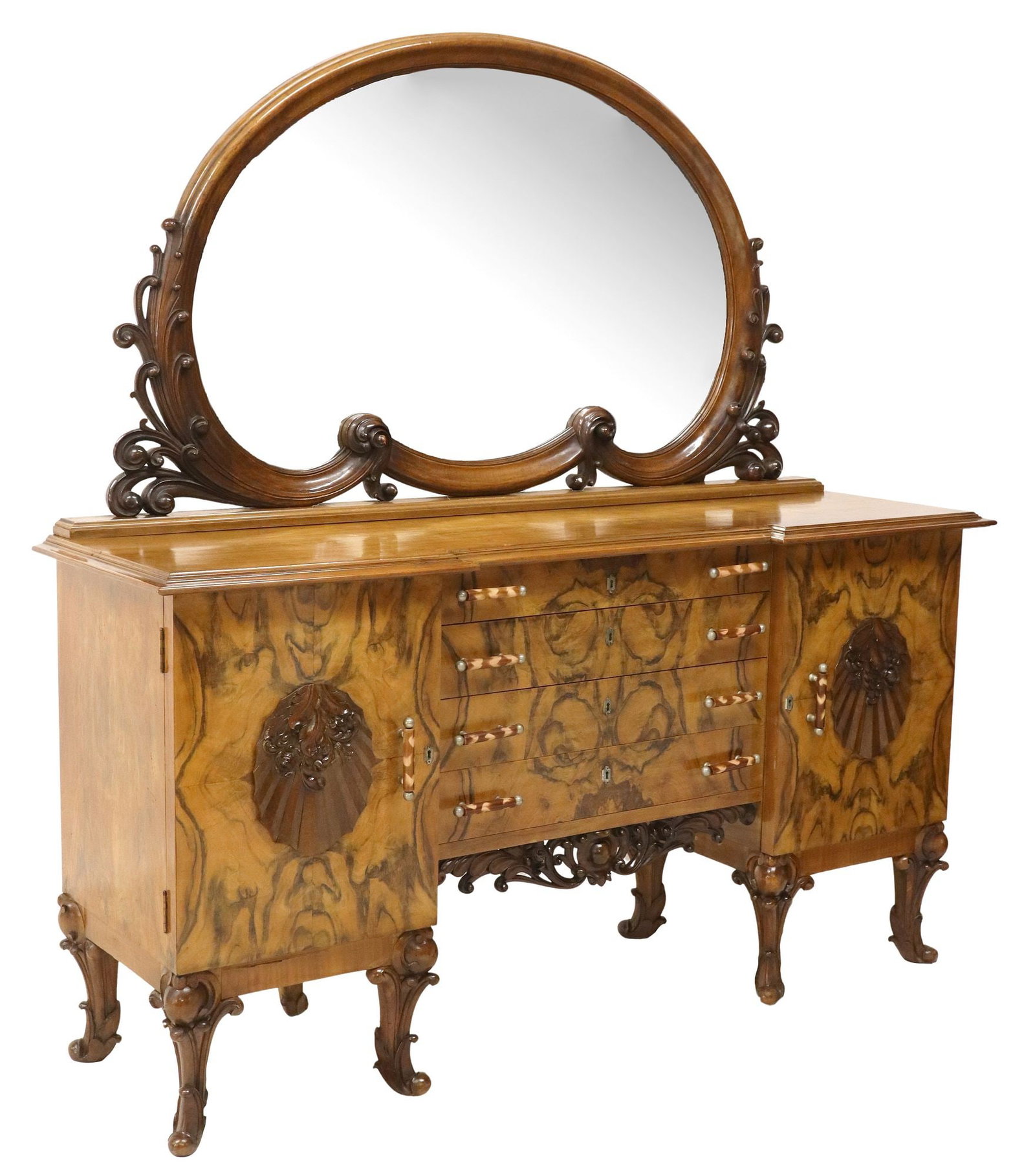 ITALIAN ART DECO PERIOD BURLED WALNUT SIDEBOARD & MIRROR: Italian Art Deco period mirrored sideboard, c.1930s, having large rounded frame with scalloped lower border and raised scroll motifs, encasing beveled mirror plate, above figured walnut sideboard fitt