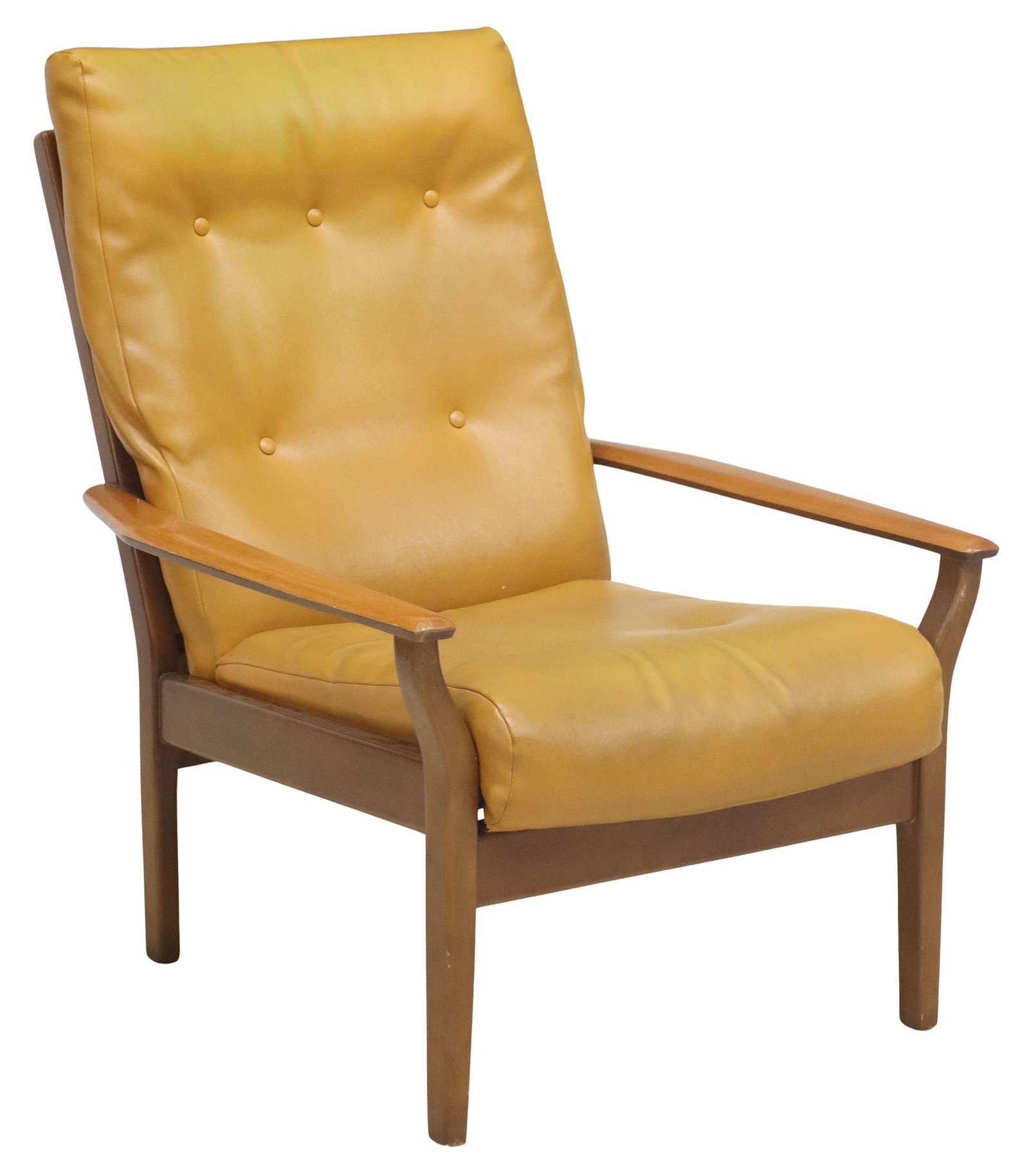 BRITISH CINTIQUE MID-CENTURY MODERN LEATHER & TEAK ARMCHAIR: British mid-century modern teak armchair, Cintique, c.1950s, having curvilinear frame, slatted back and seat with spring supports, removable back and seat cushion in button-tufted mustard leather
