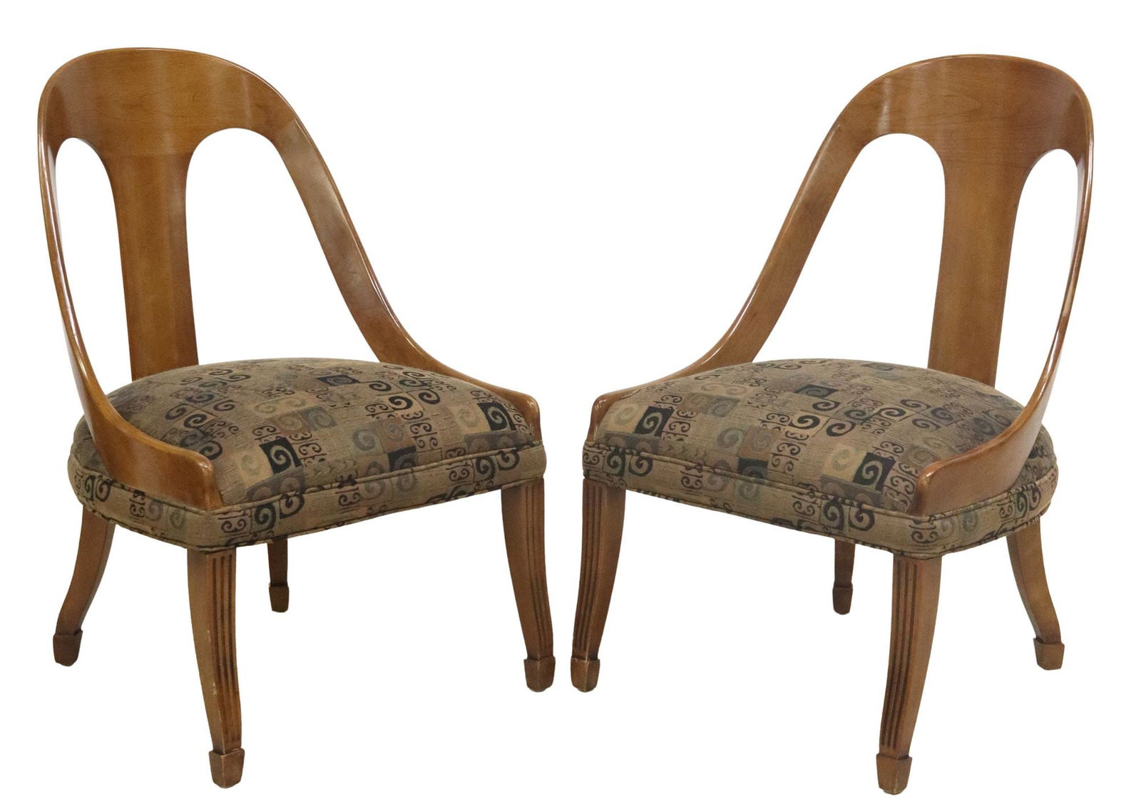 (2) MANNER OF MICHAEL TAYLOR (D.1986) SPOON BACK LOUNGE CHAIRS: (pair) Spoon back lounge chairs, in the manner of Michael Taylor (California, 1927-1986), 20th c., each having arched back with rectangular splat, over padded seat in patterned fabric upholstery, risi