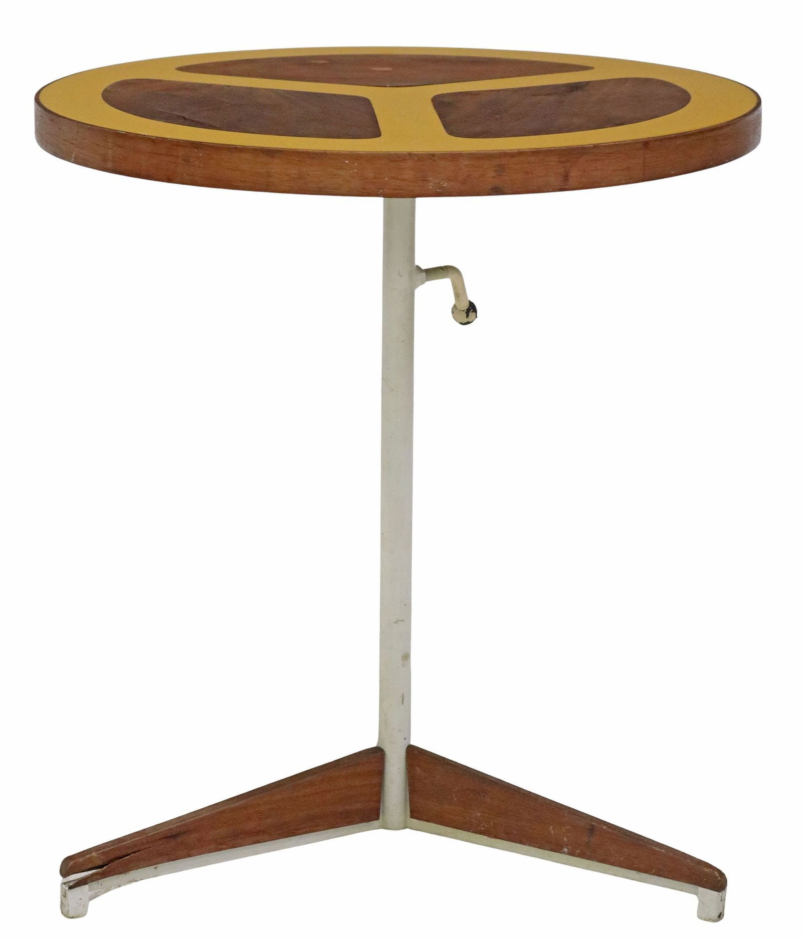 HOWARD McNAB & DON SAVAGE MID-CENTURY ADJUSTABLE OCCASIONAL TABLE: American mid-century modern occasional table, Howard McNab and Don Savage, Peter Pepper Products, Palos Verdes Estates, California, c.1960s, round tabletop with inset walnut panels, adjustable height
