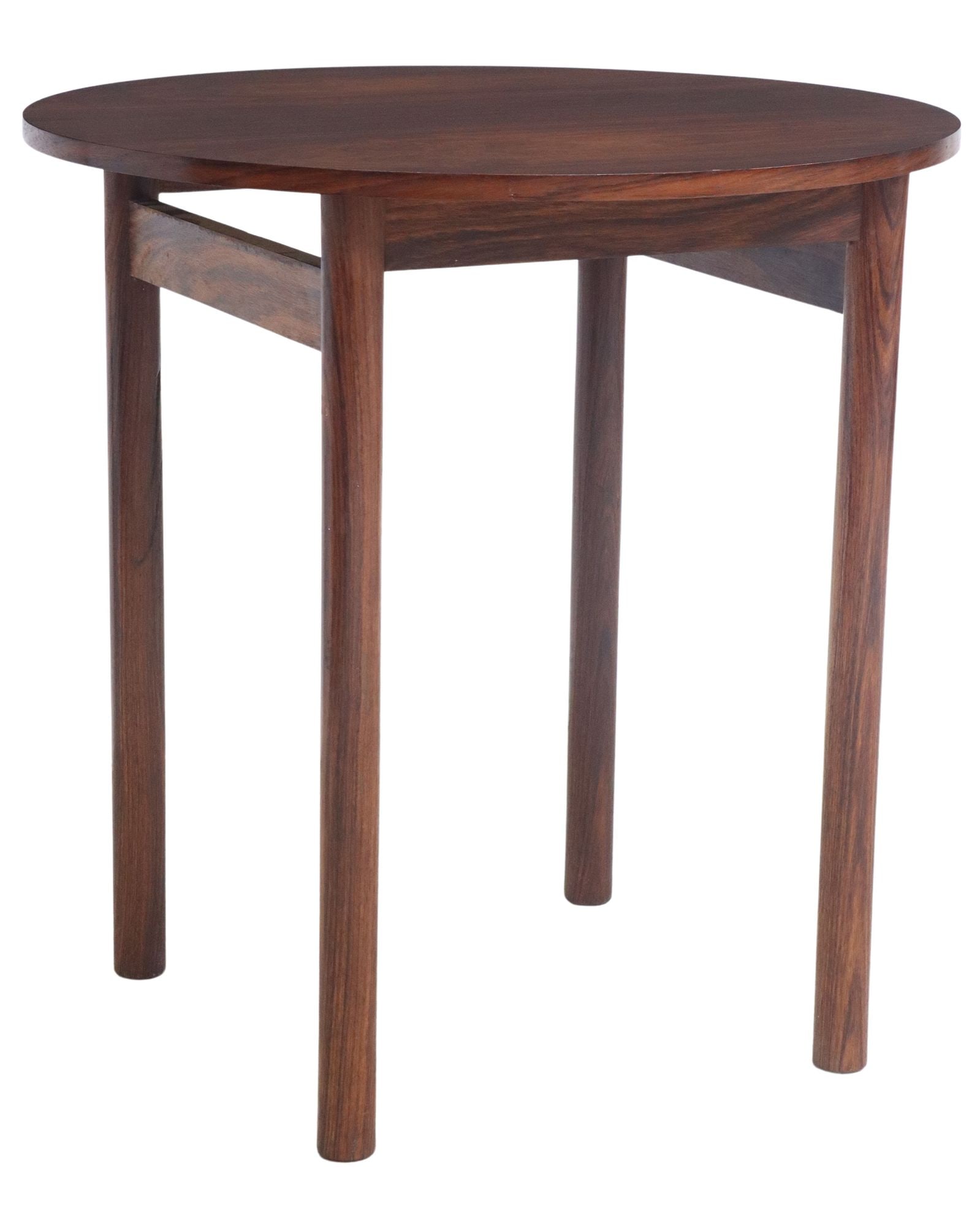 MID-CENTURY MODERN ROSEWOOD ROUND SIDE TABLE: Mid-century modern rosewood table, c.1960s, round tabletop, on stretcher-joined cylindrical legs, approx 30"h, 29.5"diam