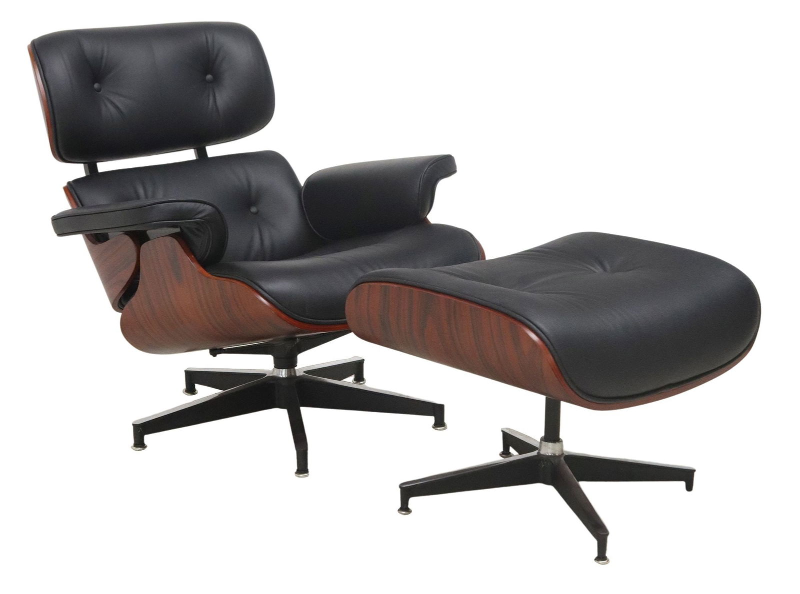 (2) EAMES STYLE BLACK LEATHER LOUNGE CHAIR & OTTOMAN: (lot of 2) Mid-century modern style lounge chair and ottoman, in the manner of Charles Eames (American, 1907-1978) and Ray Eames (American, 1912-1988), 20th c., each in button-tufted black leathe