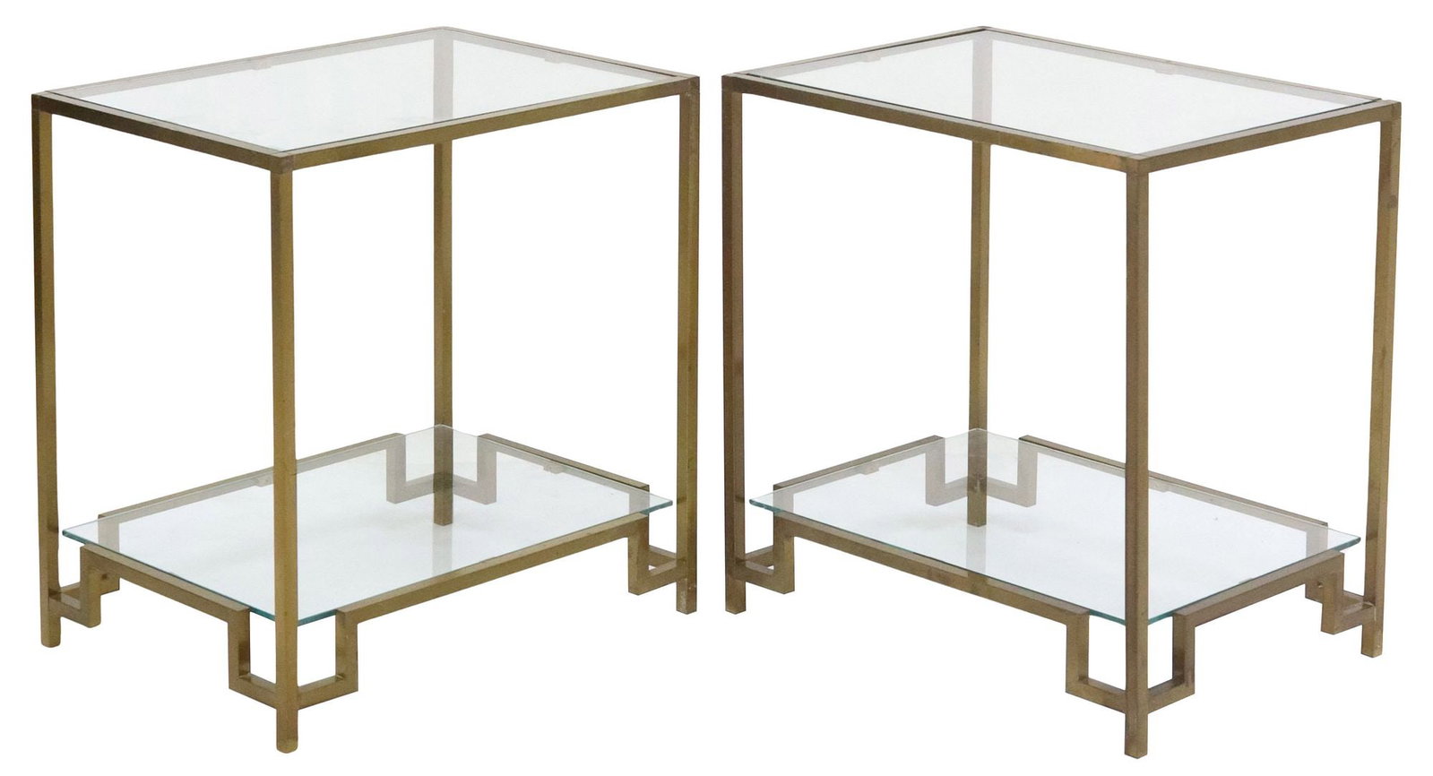 (2) MODERN GILT METAL & GLASS TWO-TIER SIDE TABLES: (pair) Modern gilt metal side tables, late 20th c., each having rectangular frame with two colorless glass tiers, approx 19.5"h, 19"w, 14"d