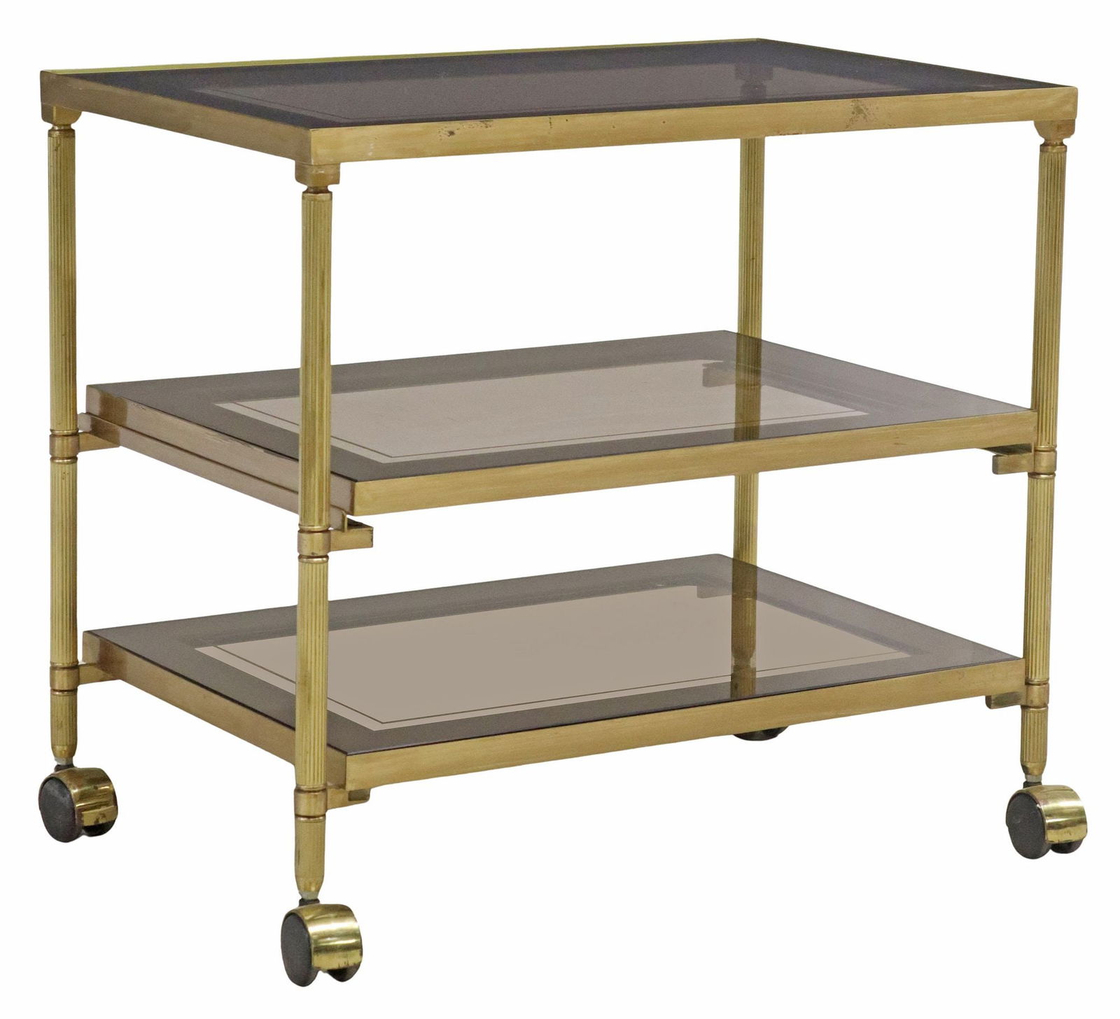 FRENCH GILT METAL 3-TIER MIRRORED & SMOKED GLASS SERVICE CART: French gilt metal bar cart/ service trolley, mid 20th c., rectangular frame fitted with three mirrored and smoked glass tiers, central tier on drawer slides, rising on casters, silver loss to mirrored