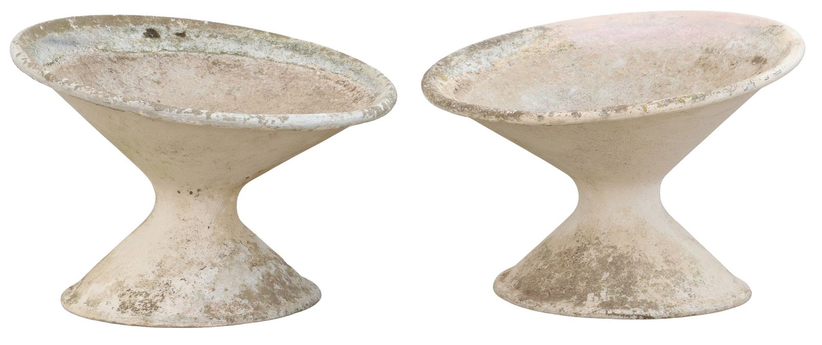 (2) MANNER OF WILLY GUHL OFF-KILTER MODERNIST PLANTERS: (lot of 2) Modernist cast composite garden planters, original design by Willy Guhl (Swiss, 1915-2004), tilted round top, over hourglass shape support, varied sizes, largest: approx 18.5"h, 25&quo