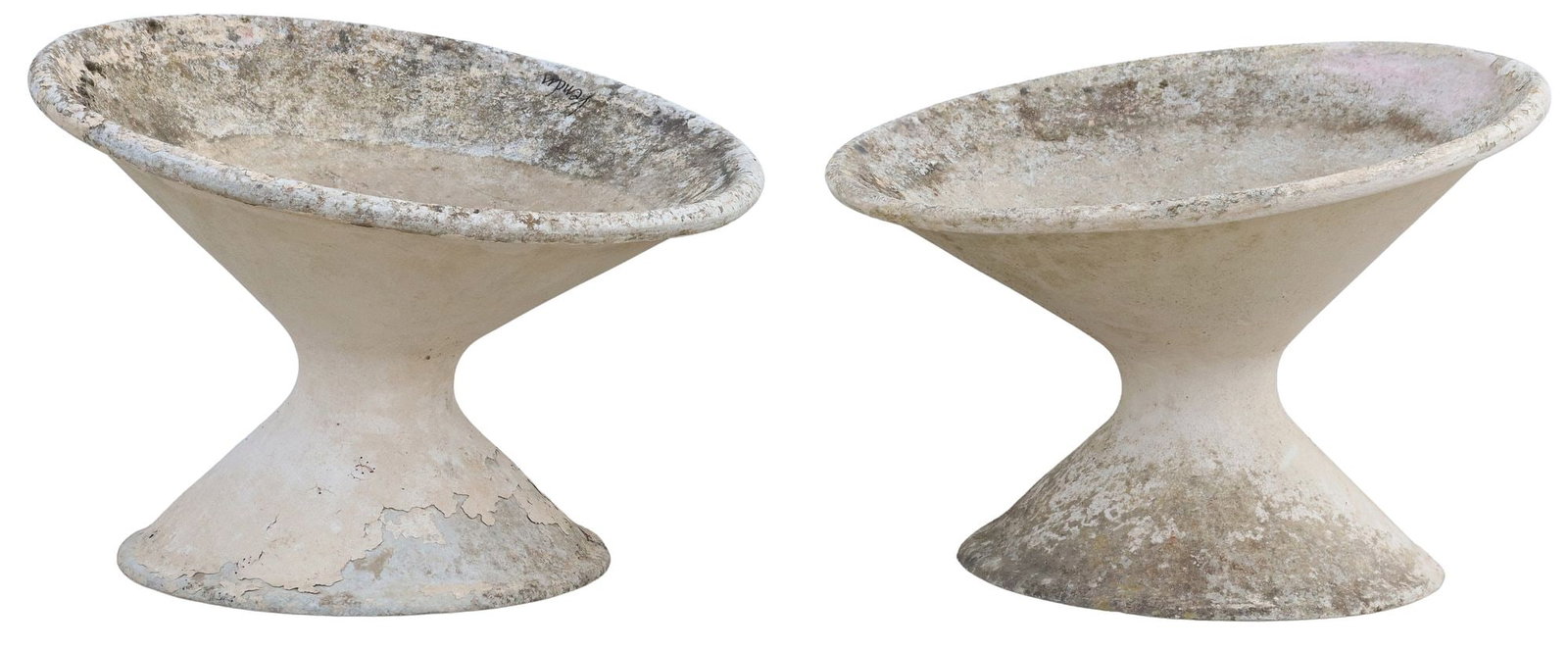 (2) MANNER OF WILLY GUHL OFF-KILTER MODERNIST PLANTERS: (lot of 2) Modernist cast composite garden planters, original design by Willy Guhl (Swiss, 1915-2004), tilted round top, over hourglass shape support, varied sizes, largest: approx 18.5"h, 25&quo