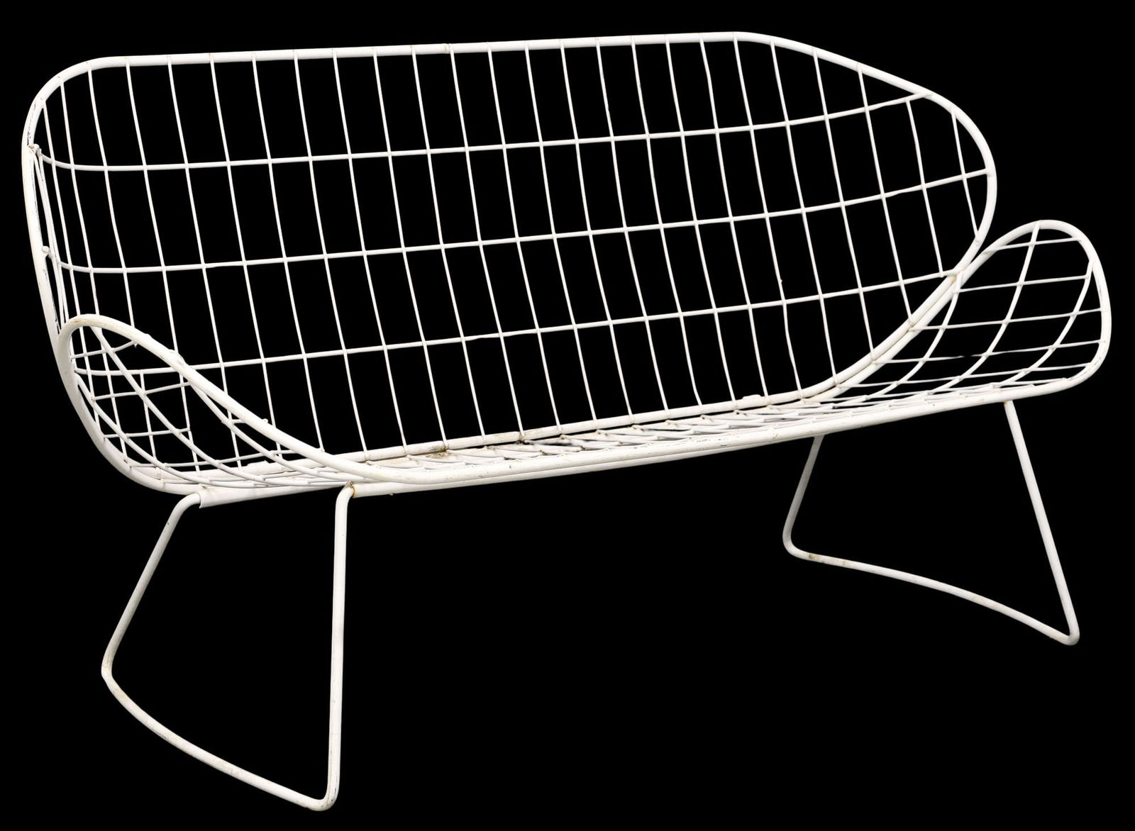HOMECREST (ATTRIB.) MID-CENTURY MODERN PAINTED METAL WIRE LOVESEAT: Mid-century modern white painted metal loveseat/ settee, attributed to Homecrest, mid 20th c., having curved wire frame, rising on tubular supports, approx 29"h, 55"w, 25"d, seat height