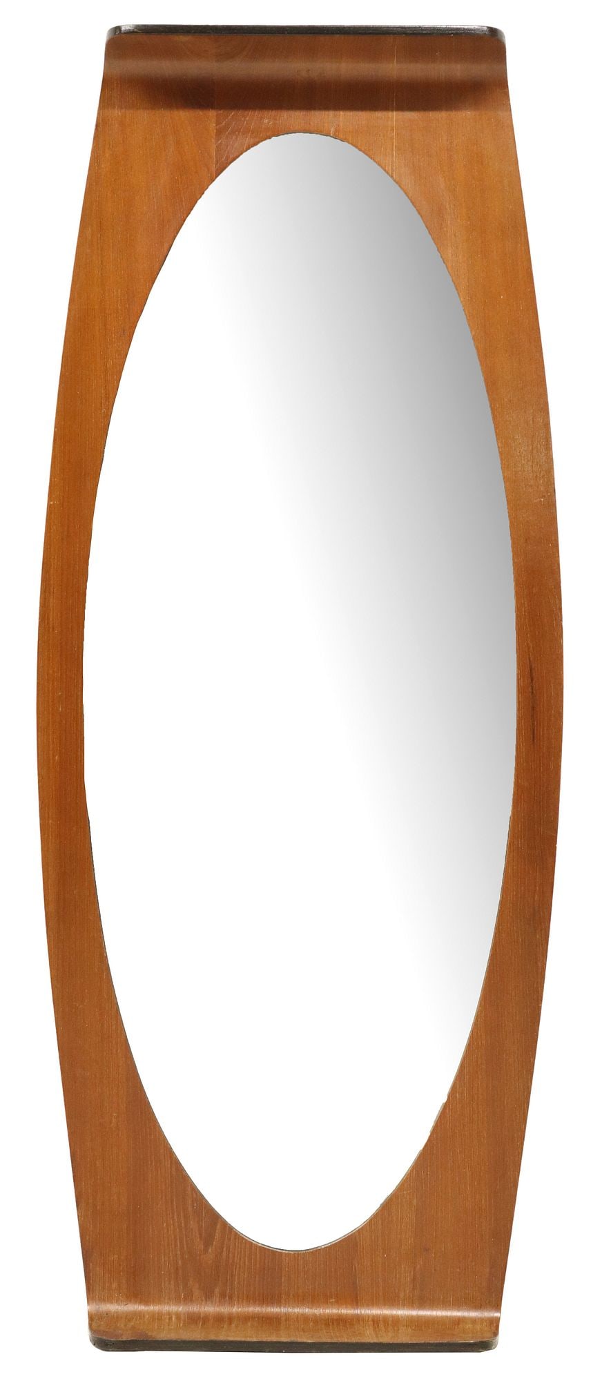 MANNER OF CAMPO (B.1926) & GRAFFI (D.1985) MID-CENTURY MODERN MIRROR: Italian mid-century modern wall mirror, in the manner of Franco Campo (b.1926) and Carlo Graffi (1925-1985), c.1960s, having curved teak frame, encasing ovular flat mirror plate, some loss to rev