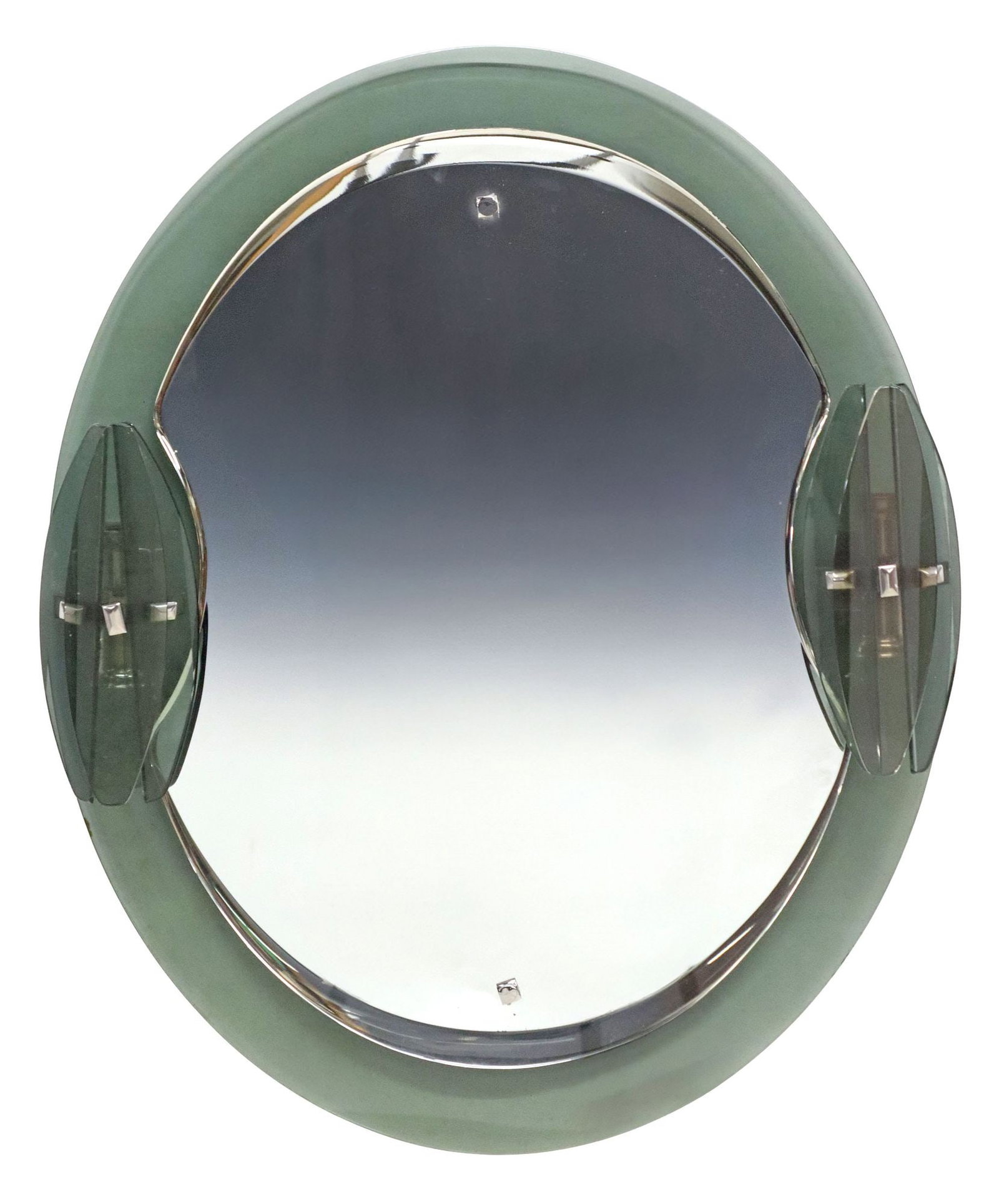 (3) MODERN ITALIAN MURANO ART GLASS MIRROR & 2-LT WALL SCONCES: (lot of 3) Modern Italian Murano art glass mirror and sconces, c.1970s, each having muted teal glass frame with chromed metal accents, including: (1) wall mirror, ovular glass frame, encasing beveled 