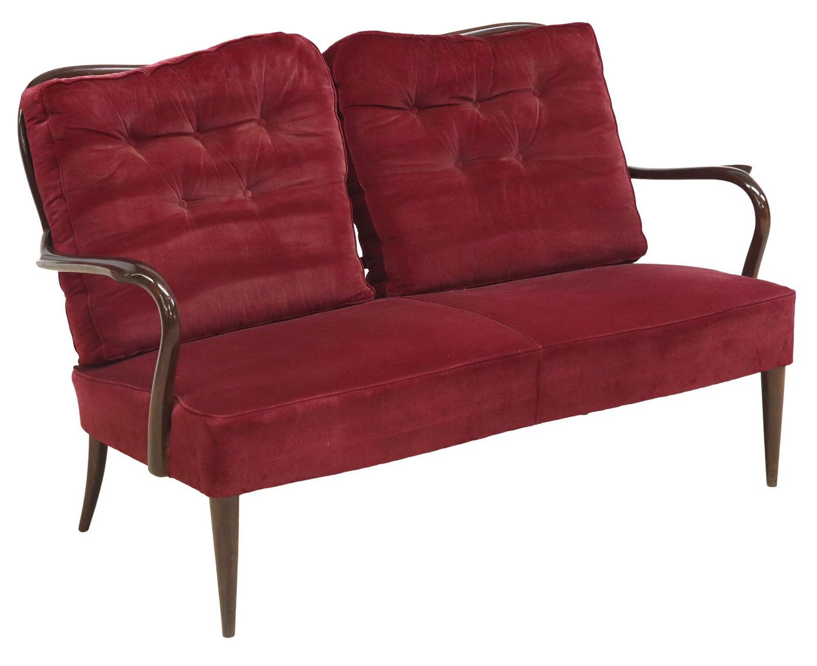 VITTORIO DASSI (ATTRIB.) MID-CENTURY MODERN VELVET UPHOLSTERED SOFA: Italian mid-century modern sofa, attributed to Vittorio Dassi (Italian, 1893-1973), c.1950s, having curved ladderback, over winged arms, padded seat in red velvet upholstery, rising on tapered legs, a