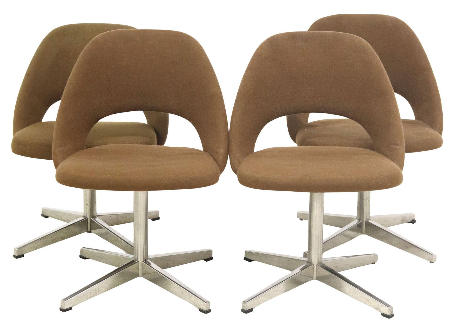 (4) EERO SAARINEN FOR KNOLL MID-CENTURY MODERN CHAIRS: (lot of 4) Mid-century modern side chairs, Eero Saarinen (Finnish-American, 1910-1961) for Knoll Associates, c.1970s, brown woven upholstery, chromed steel four-part base, in need of new upholstery, l