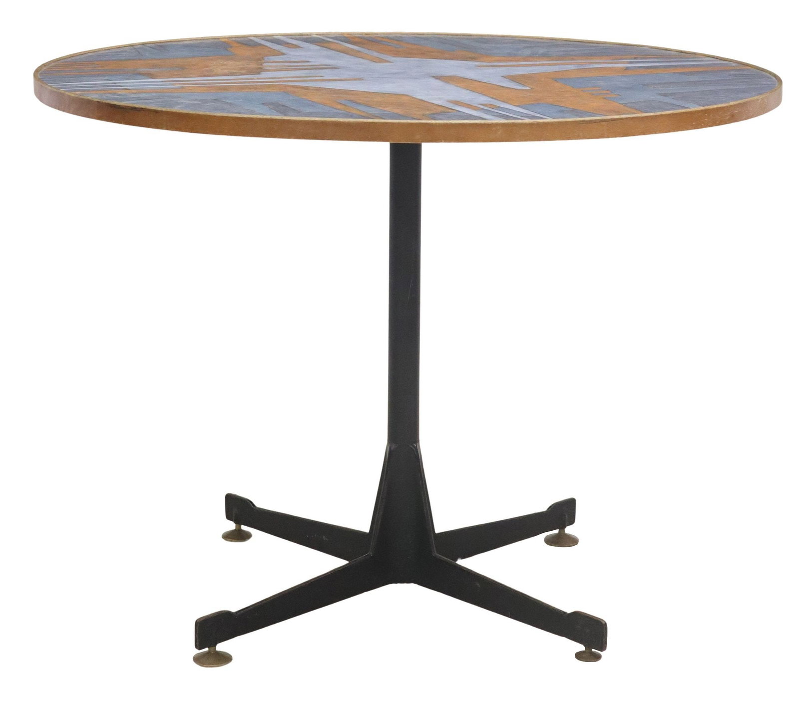 ITALIAN MID-CENTURY MODERN ENAMELED METAL ROUND TABLE: Italian mid-century modern round table, c.1960s, enameled metal tabletop with geometric design, black steel four-part base, on large brass leveling feet, approx 29.5"h, 39.5"diam