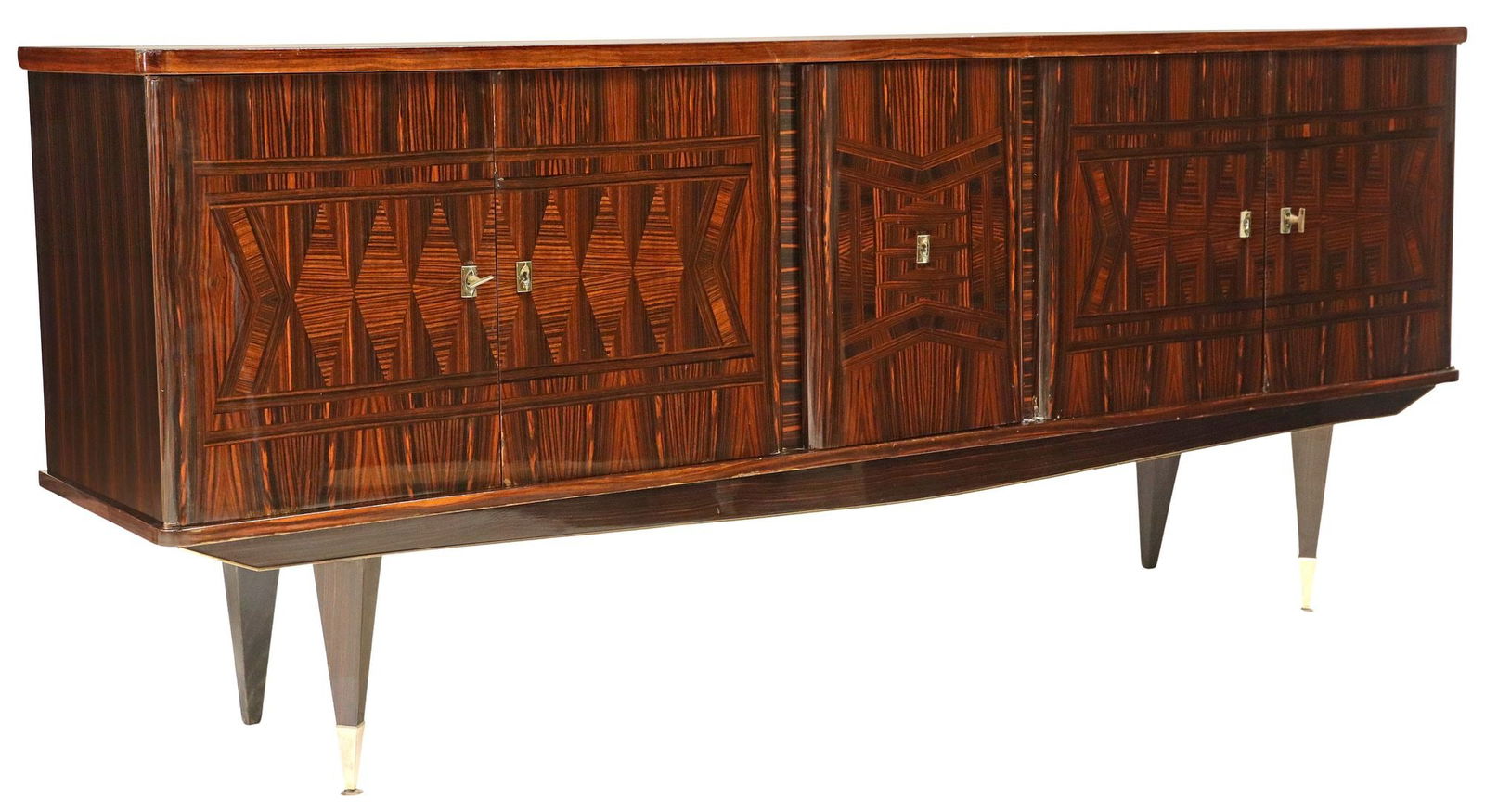 FRENCH MID-CENTURY MODERN MACASSAR EBONY VENEER SIDEBOARD: French mid-century modern sideboard, c.1960s, likely Macassar ebony or rosewood veneers, five cabinet doors, interior shelf, on tapered legs, approx 39"h, 90.75"w, 20.25"d