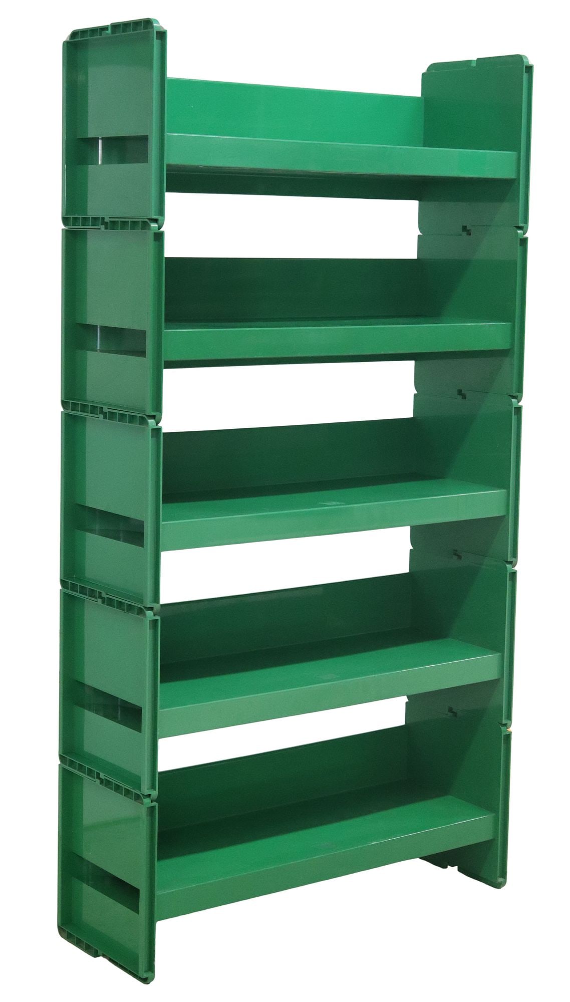 DE PAS, D'URBINO & LOMAZZI 'JEEP' GREEN PLASTIC MODULAR BOOKCASE: Italian modern "Jeep" modular bookcase, Jonathan De Pas (1932-1991), Donato D'Urbino (b.1935) and Paolo Lomazzi (b.1936).or BBB Emmebonacina, c.1970s, five stacked units, molded green pl