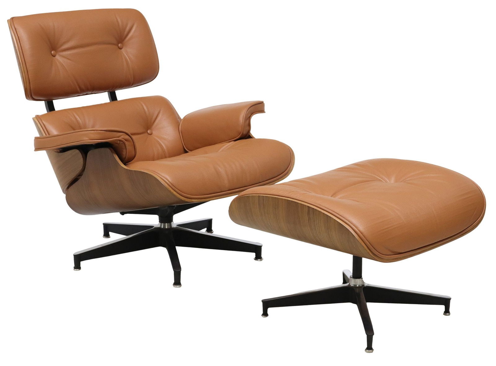 (2) EAMES STYLE TAN LEATHER LOUNGE CHAIR & OTTOMAN: (pair) Mid-century modern style lounge chair and ottoman, in the manner of Charles Eames (American, 1907-1978) and Ray Eames (American, 1912-1988), 20th c., each in button-tufted tan leather upholster