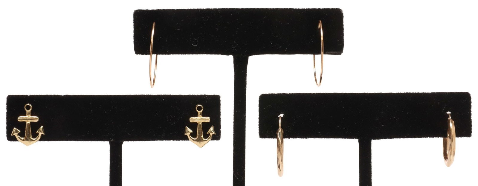 (3 PAIRS) ESTATE 14KT & 10KT GOLD EARRINGS: (lot of 3 pairs) Estate gold earrings, including: (pair) 14kt gold anchor studs, posts and friction backs hallmarked 14K, (pair) 14kt gold (tested) wire hoops, friction backs not testing as gold,