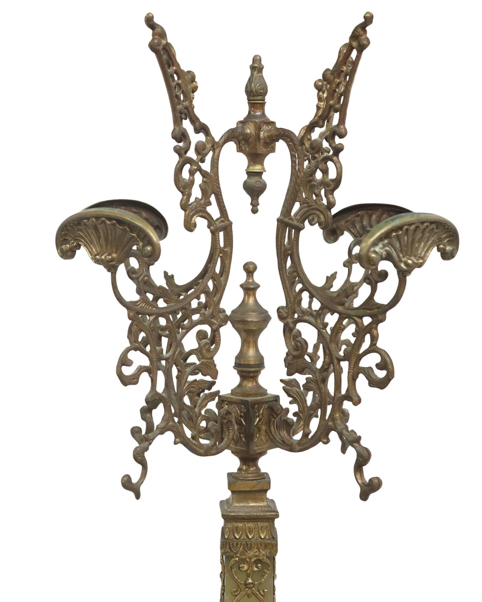 ITALIAN ONYX & GILT METAL STANDING HALL TREE: Italian onyx and gilt metal standing hall tree, 20th c., having four scrolled hat/ coat hooks, above squared onyx standard, with four additional French dolphin-form hat/ coat hooks at center join, ris
