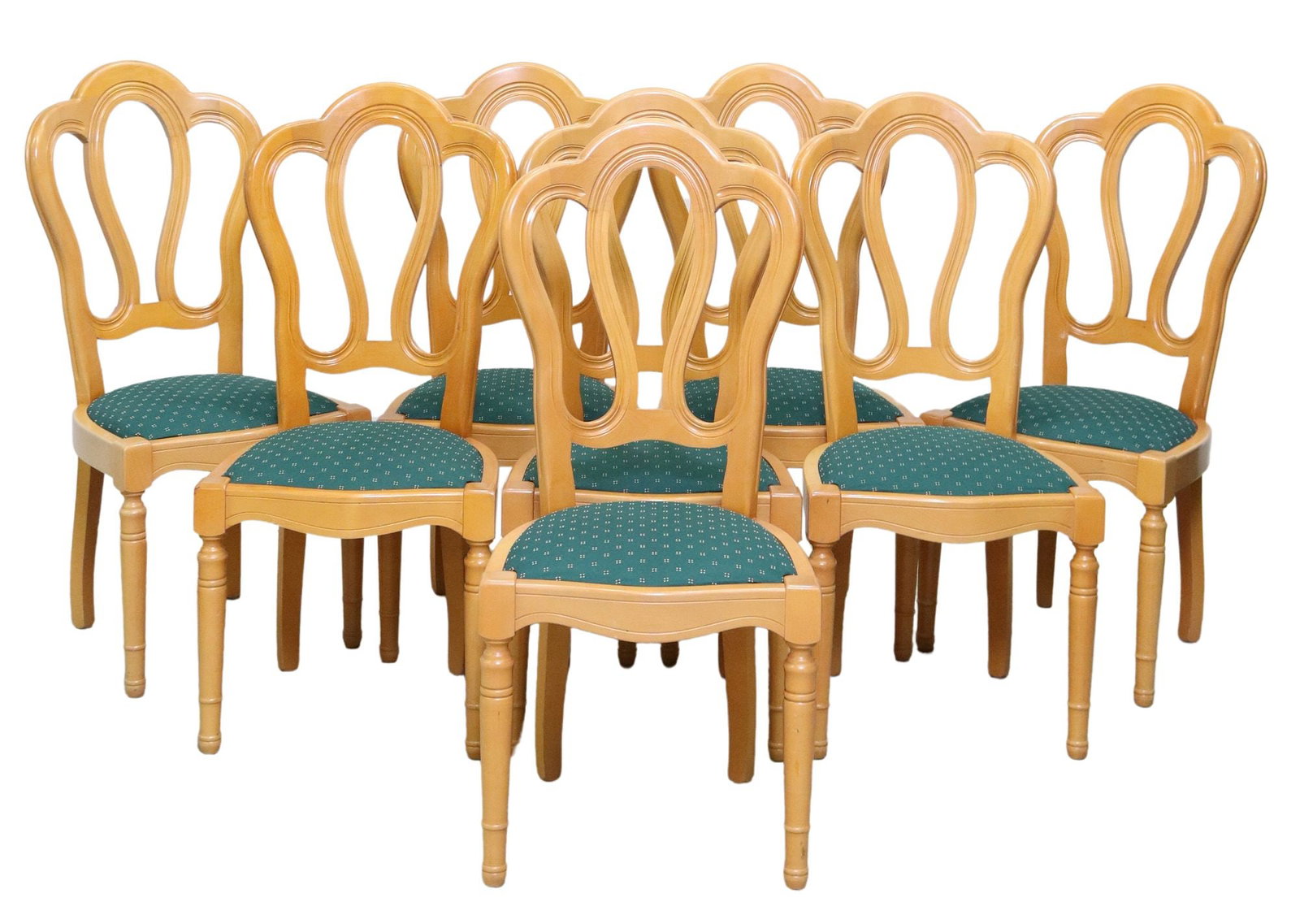 (8) FRENCH LOUIS PHILIPPE STYLE SIDE CHAIRS: (lot of 8) French Louis Philippe style dining chairs, 20th c., having lobed back, over padded seat in patterned fabric upholstery, rising on turned supports, approx 42"h, 19"w, 17"d, se
