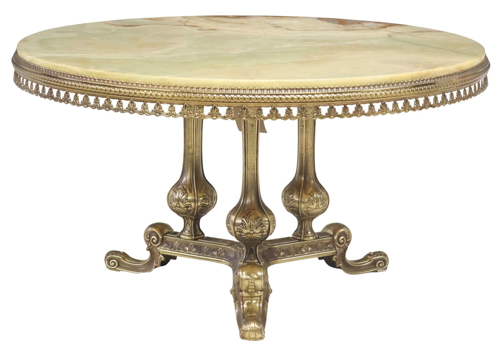 GILT-METAL & ONYX ROUND COFFEE TABLE: Gilt-metal coffee table, mid 20th c., inset green onyx top, tripartite base, approx 19.5"h, 36"diam
