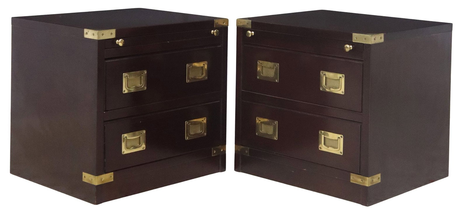 (2) CAMPAIGN-STYLE MAHOGANY NIGHTSTANDS: (pair) Campaign-style mahogany nightstands, La Vecchia Marina, Italy, late 20th c., brushing slide over two drawers with brass pulls, approx 16.5"h, 17.5"w, 15.5"d