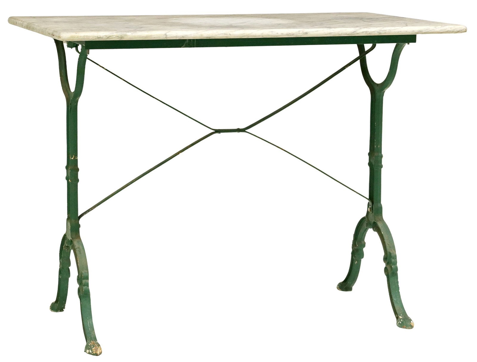 FRENCH MARBLE-TOP CAST IRON BISTRO TABLE: French marble-top bistro table, 20th c., on stretcher-joined cast iron base, approx 30"h, 39"w, 23.5"d