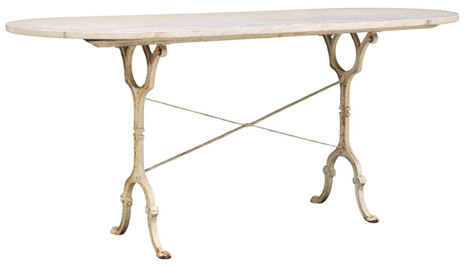 FRENCH MARBLE-TOP CAST IRON BISTRO TABLE: French marble-top bistro table, 20th c., on stretcher-joined cast iron base, approx 28.5"h, 65"w, 25.25"d