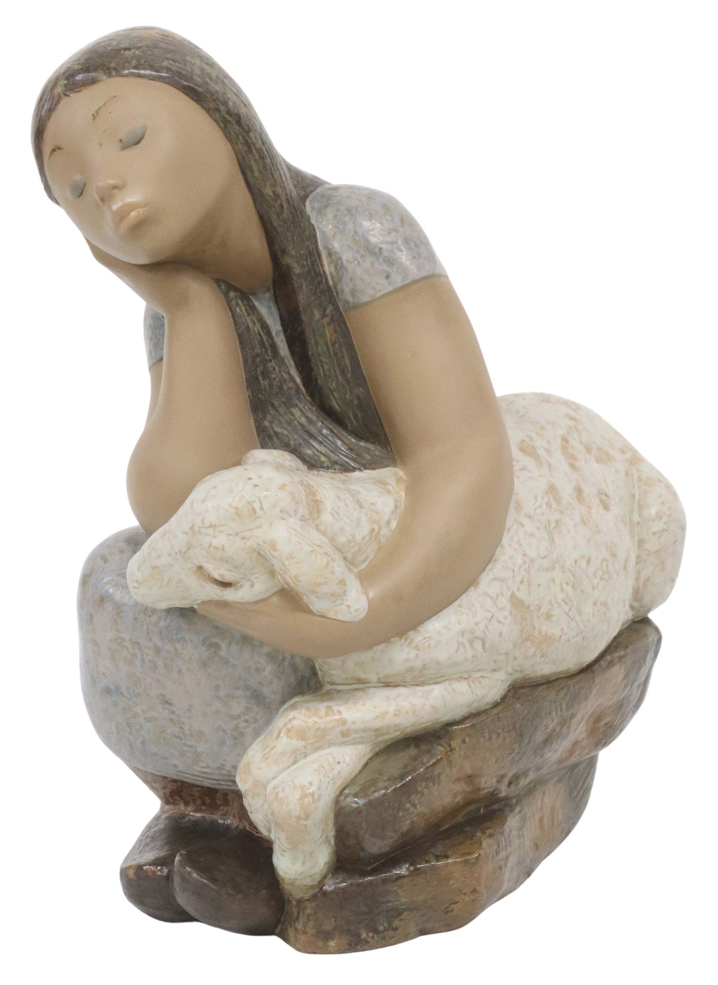 LARGE LLADRO GRES FIGURE SLEEPING SHEPHERDESS, #01012005, 18"H: Large matte gres finish ceramic figure group, Juan Huerta for Lladro, Pastorcita Durmiente (Shepherdess Sleeping), retired 1981, depicting a seated young girl and a lamb, incised number 11, approx 18.