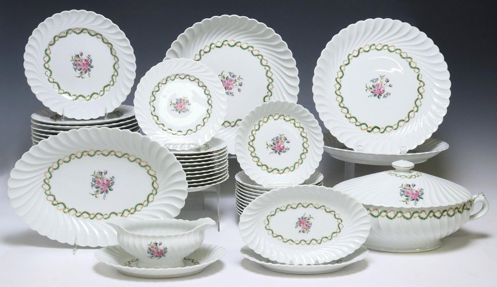 (53) HAVILAND LIMOGES 'LOUVECIENNES' PORCELAIN LUNCHEON SERVICE: (lot of 53) French Limoges porcelain luncheon service, Theodore Haviland, in the "Louveciennes" pattern, including: (22) luncheon plates, (four) with small chips to rim, approx 9 5/8"diam, (11) salad 