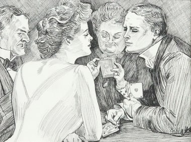 AFTER CHARLES DANA GIBSON INK DRAWING BRIDGE GAME THE WEAKER SEX