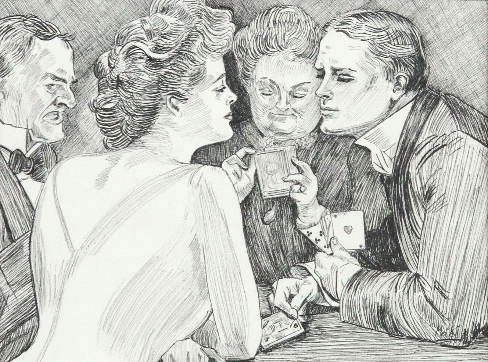 AFTER CHARLES DANA GIBSON INK DRAWING BRIDGE GAME THE WEAKER SEX: Framed pen and ink drawing on paper, The Bridge Game, after Charles Dana Gibson (American, 1867-1944), from "The Weaker Sex," signed illegibly lower right MaK...(?), sight: approx 8&quo