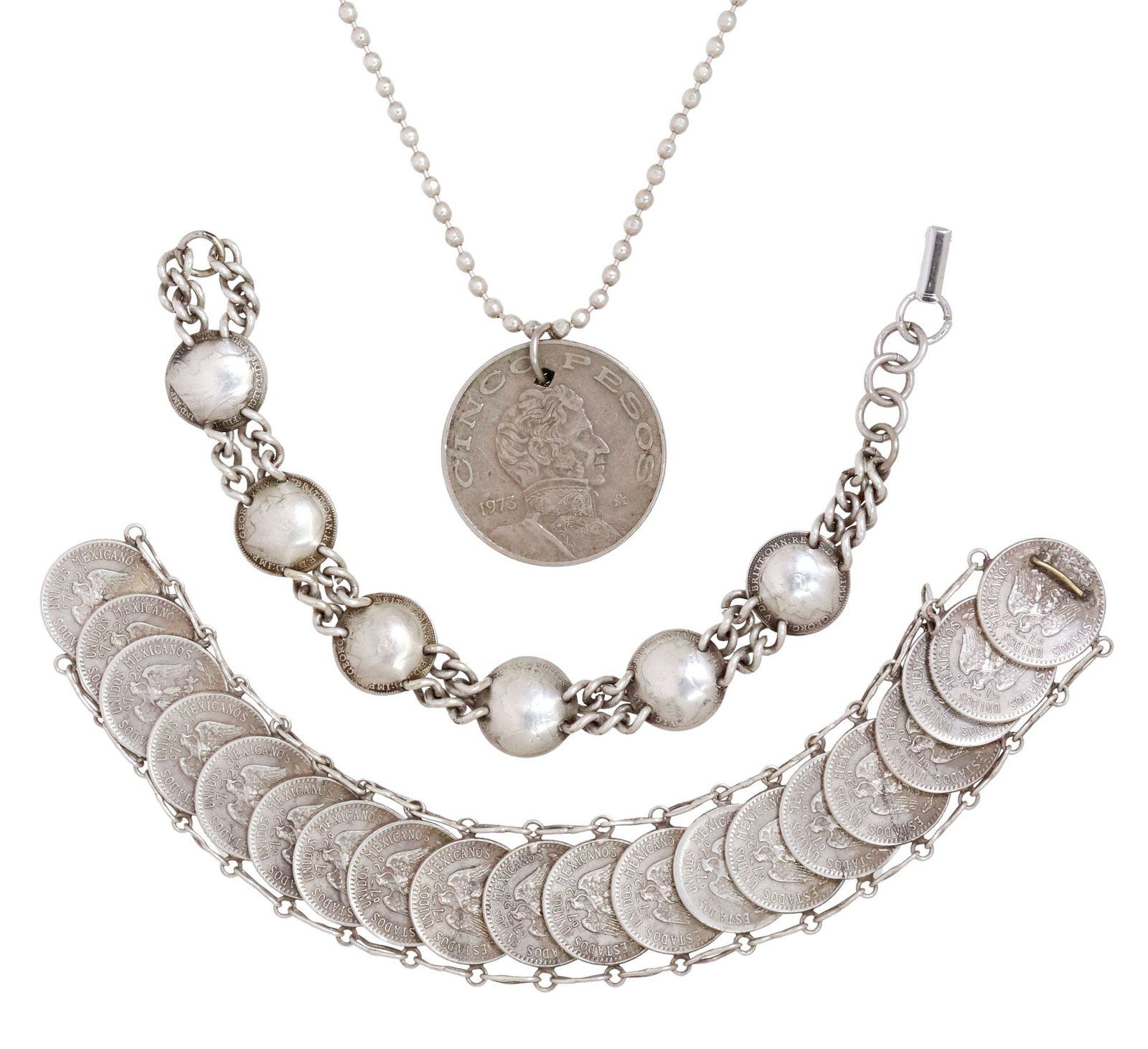 (3) BRACELETS & PENDANT FASHIONED FROM BRITISH & MEXICAN COINS: (lot of 3) Jewelry fashioned from coins, including: (1) bracelet comprised of six British threepence coins, dates ranging from 1874-1921, with portraits of Victoria and George V, approx 8"l,