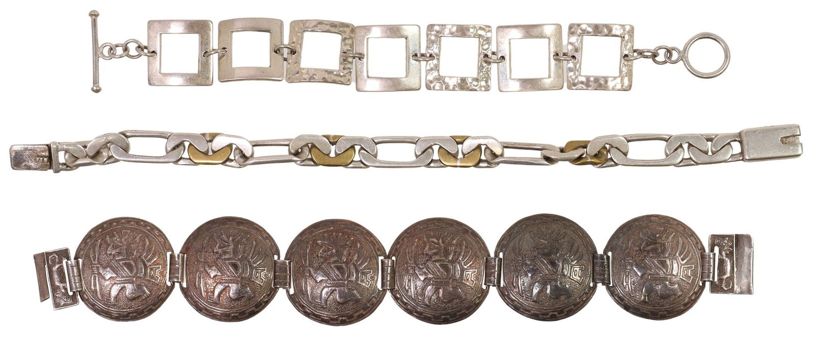 (3) MEXICO & PERU STERLING SILVER LINK BRACELETS: (lot of 3) Sterling silver bracelets, including: (1) domed circular links with Pre-Columbian style design, marked Peru/ RL/ 925, approx 7 3/8"l, (1) textured and polished square links, toggle cla