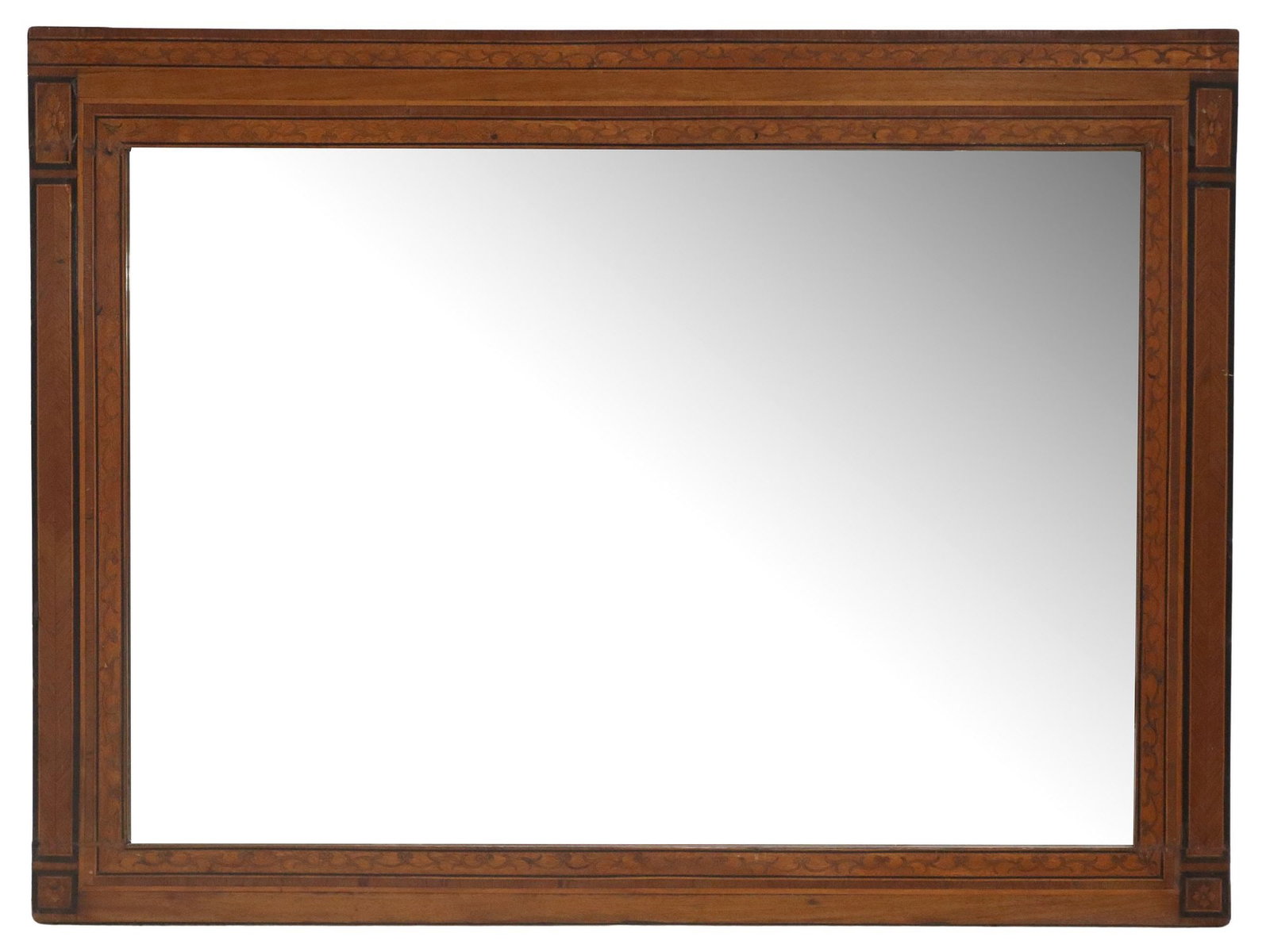 ITALIAN NEOCLASSICAL STYLE MARQUETRY WALL MIRROR: Italian Neoclassical style inlaid wall mirror, early 20th c., rectangular frame with scrolled foliate marquetry and banded parquetry trim, encasing flat mirror plate, approx 42"h, 31&qu