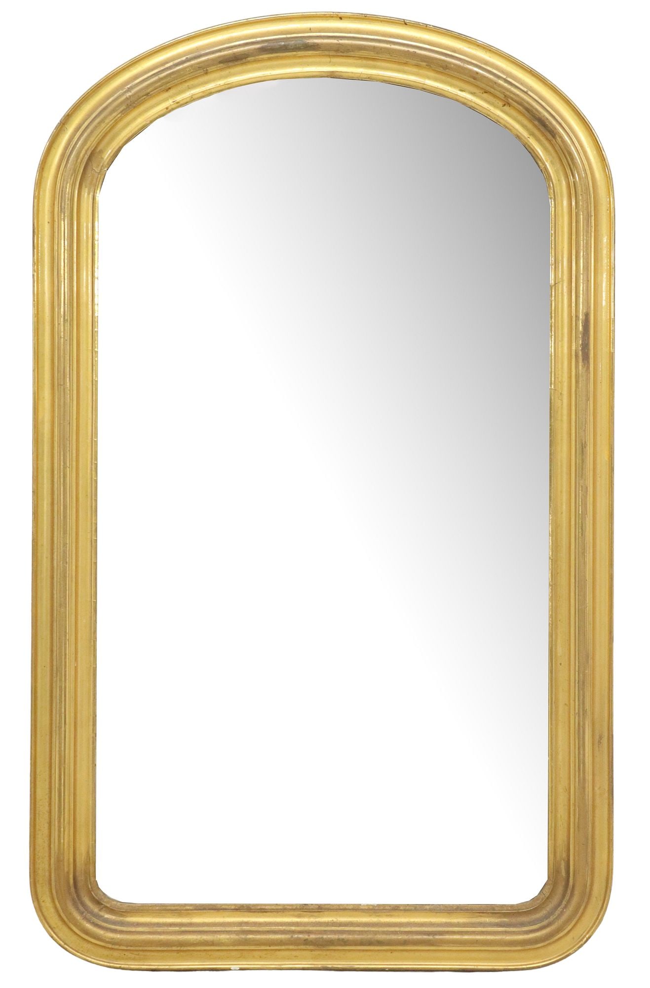 FRENCH LOUIS PHILIPPE STYLE GILTWOOD WALL MIRROR: French Louis Philippe style giltwood wall mirror, having arched frame, encasing flat mirror plate, some overall silver loss to mirror plate, approx 41.5"h, 25"w, 13lbs